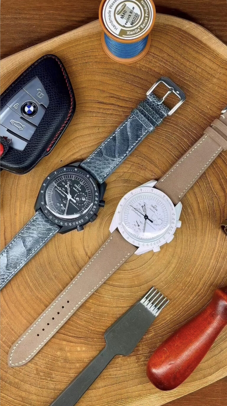 Leather strap on Omega
