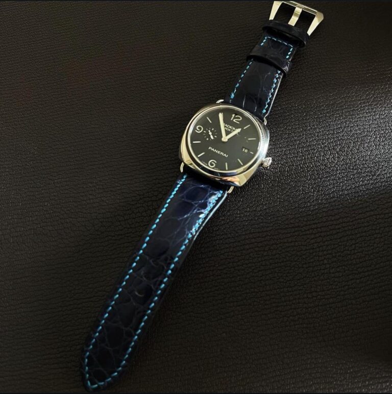 Navy alligator and custom threads strap on Panerai