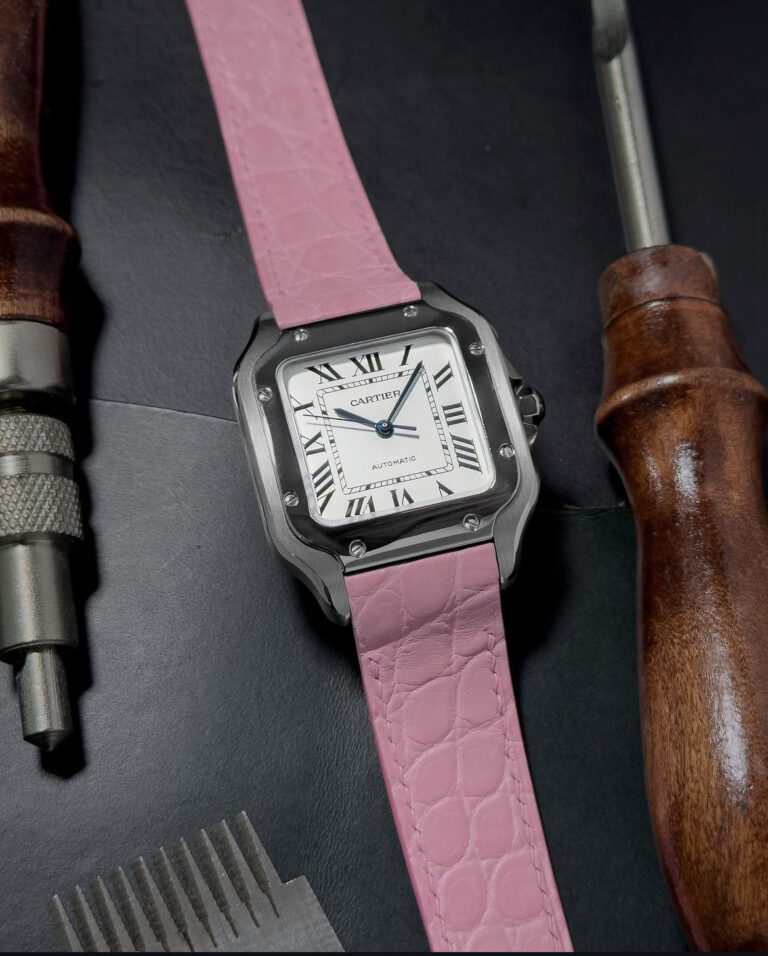 Custom crocodile strap in sweet pink strap on Cartier