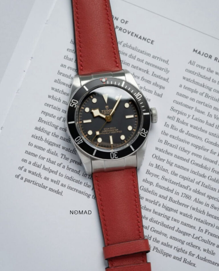 Open Loop Stitch strap in Swift Red, lined with sleek Zermatt Black on Tudor