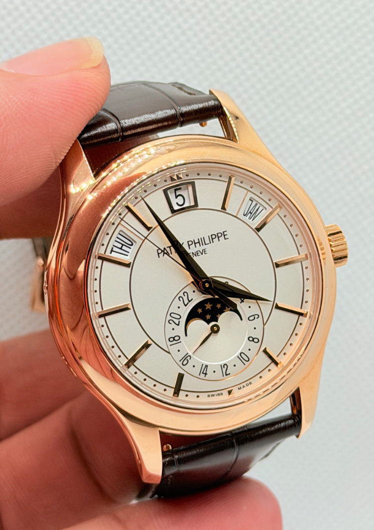 Pre Owned 09/2020 Patek Philippe Annual Calendar Moonphase Opaline Dial Full Rose Gold Leather Strap 5205R-001