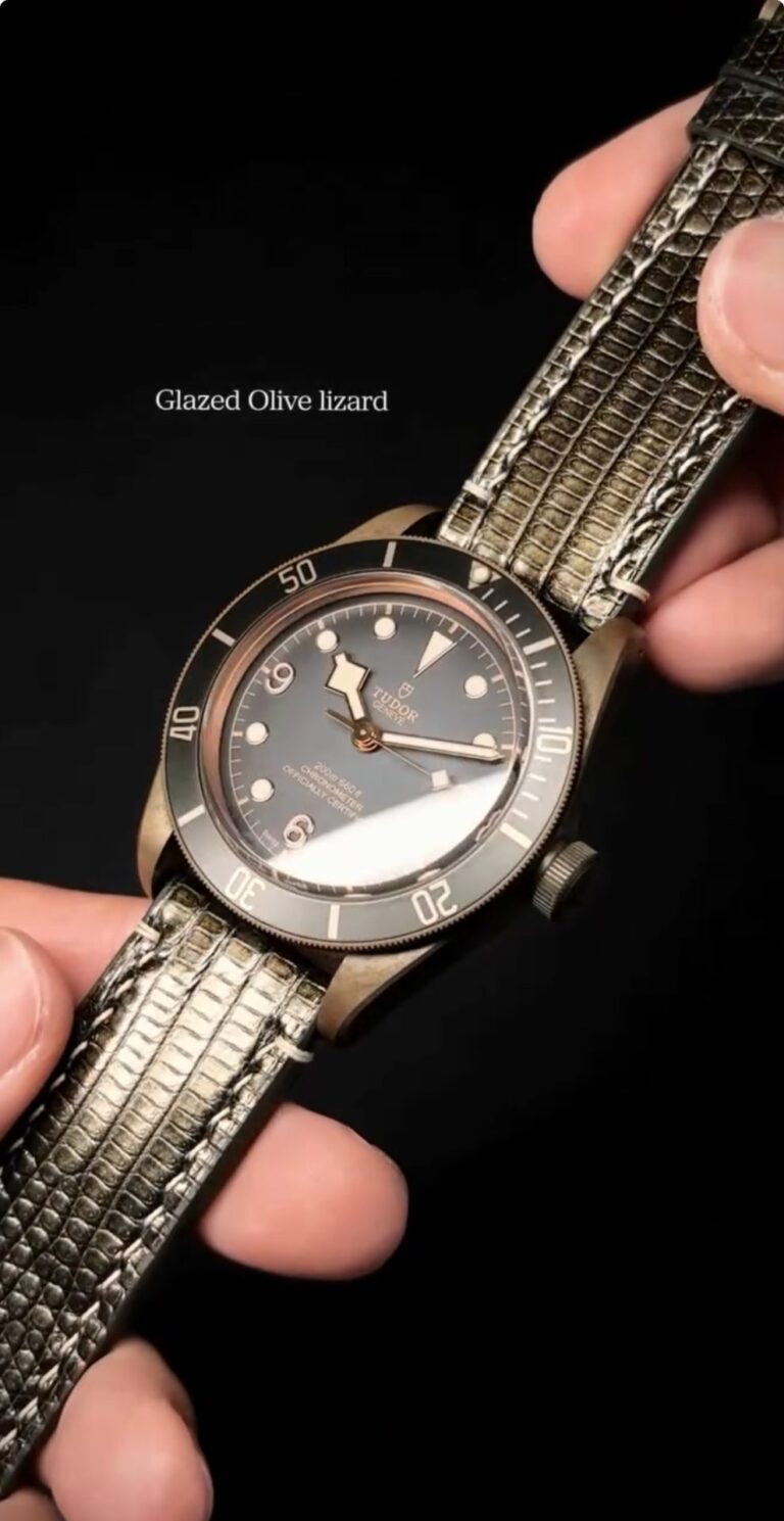 Glazed Olive Lizard strap on Tudor watch