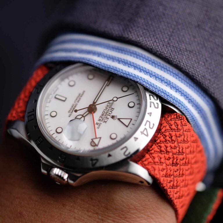 2-Piece Silk Watch Strap in Orange with Green Lining on Rolex