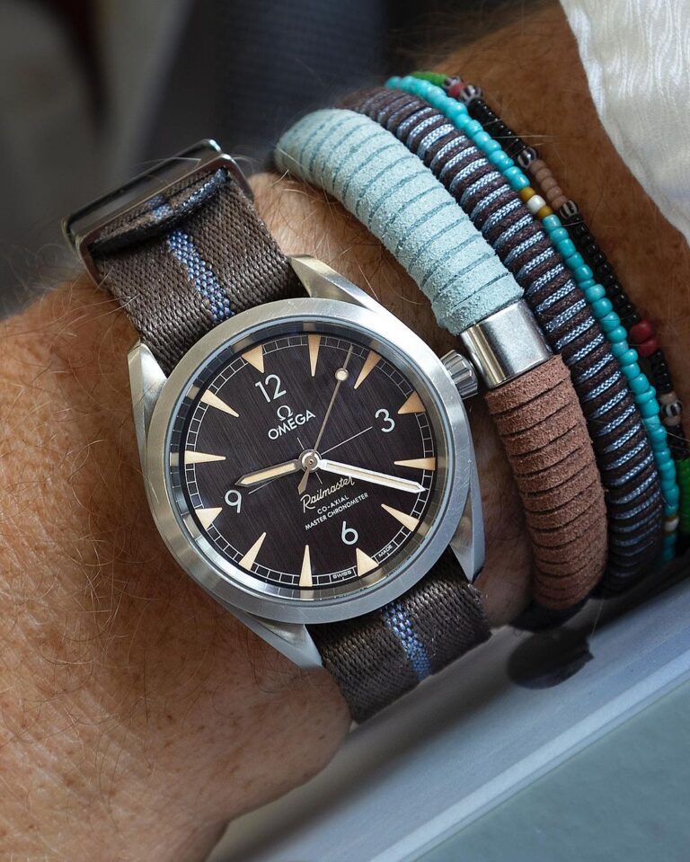 Engraved Stripe Watch Strap in Blue Coffee on Omega