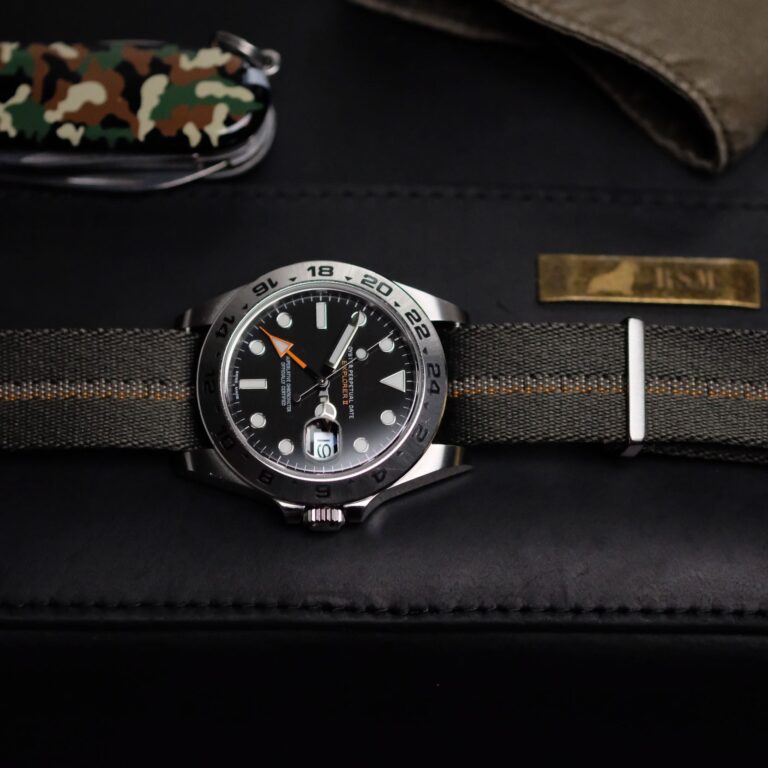 Engraved Stripe Watch Strap in Green, Beige and Orange On Rolex