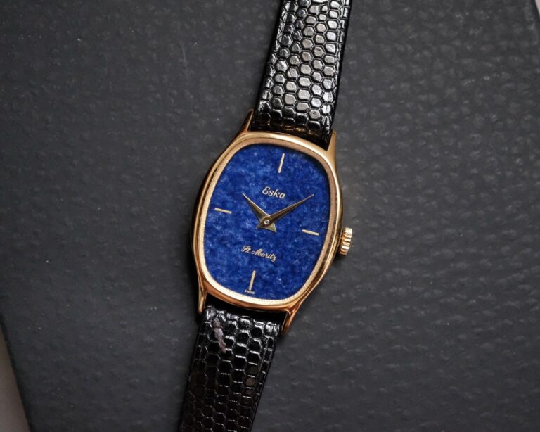 NOS! Vintage Eska St. Moritz Mini Ellipse Gold-Plated Ladies Watch with Lapis Lazuli Dial Manual Wind Watch – Swiss Made