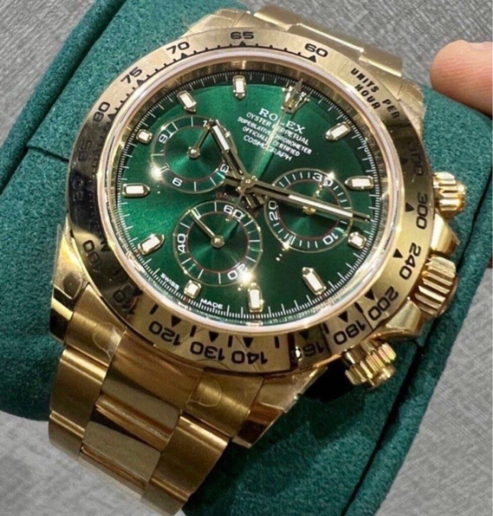 Almost New Full Sticker With Barcode Y2022 Rolex Daytona Yellow Gold John Mayor Green 116508