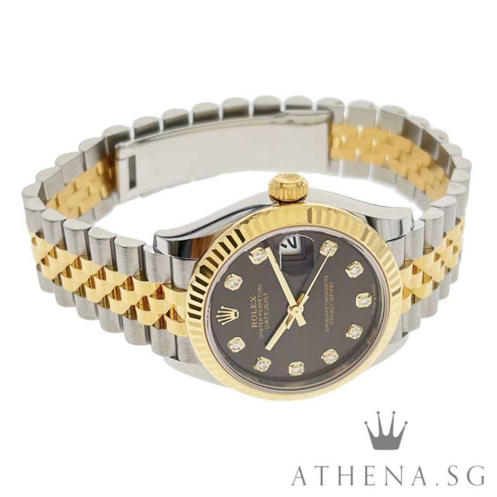 UNWORN!! ROLEX YELLOW ROLESOR MID-SIZE OYSTER PERPETUAL DATEJUST “AN” SERIES “DARK GREY DIAMOND DIAL” WITH BOX & CERT DATED 06/2025 (STILL UNDER AGENT WARRANTY) 278273