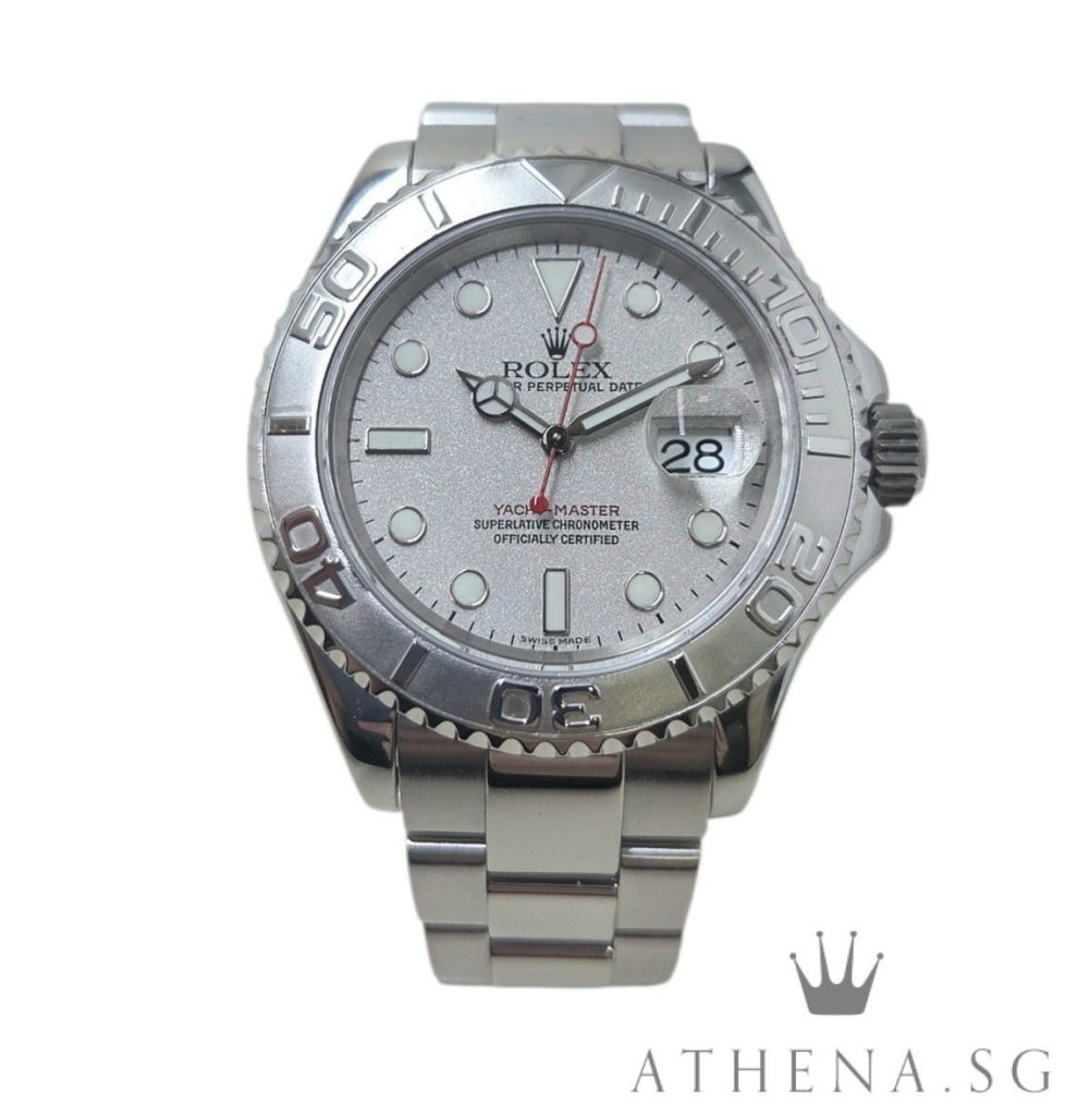 ROLEX ROLESIUM MENS OYSTER PERPETUAL DATE YACHT MASTER 40MM “D” SERIES “PLATINIUM DIAL” WITH ROLEX SERVICE CERT DATED (12/2023) 16622