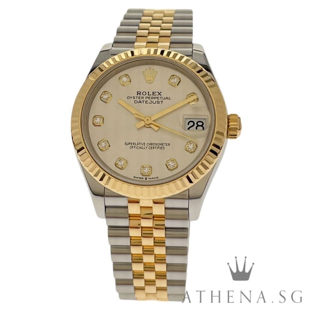 ROLEX YELLOW ROLESOR MID SIZE OYSTER PERPETUAL DATEJUST 31MM “AN” SERIES “SILVER DIAMOND DIAL” WITH BOX & CERT DATED (01/2023) (STILL UNDER AGENT WARRANTY) 278273