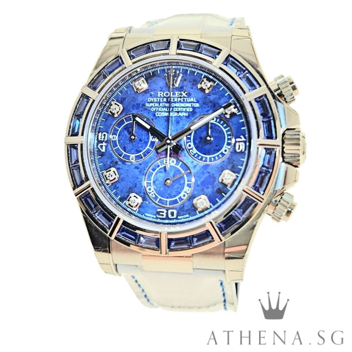 RARE!! 18K WHITE GOLD ROLEX COSMOGRAPH DAYTONA SACI “AN” SERIES “SODALITE DIAMOND-SET STONE DIAL” WITH BOX, WHITE TAG & CERT DATED 2019 116589SACI