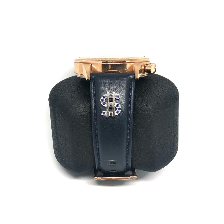 “You look like a million bucks” Blue Sapphire on 18k white gold charm / attachment For Leather Strap.