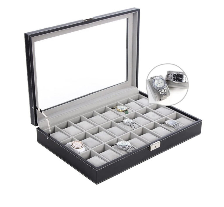 24 Slots Black PU Inner Gray Watch Box