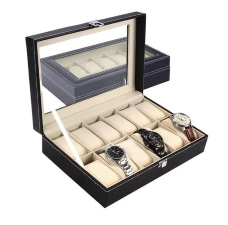 12 Slots Black PU Watch Storage Box