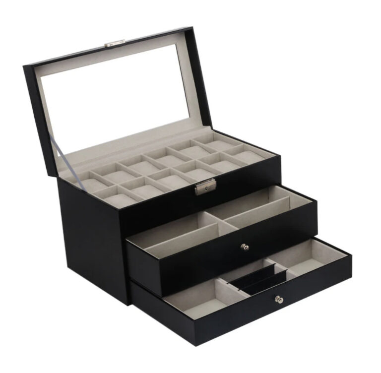 3 Tier 12 Slots Watch + Spectacles + Jewelry PU Black Storage Box