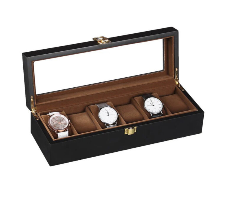 6 Slots Black Matte Wood Inner Brown Watch Box
