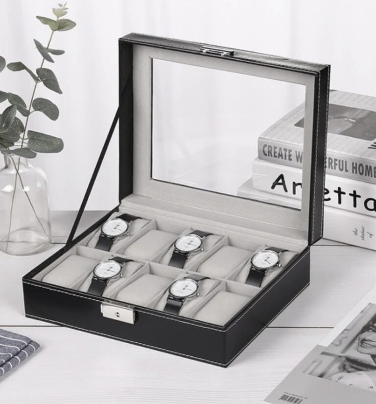 10 Slots Black PU Inner Grey Watch Box