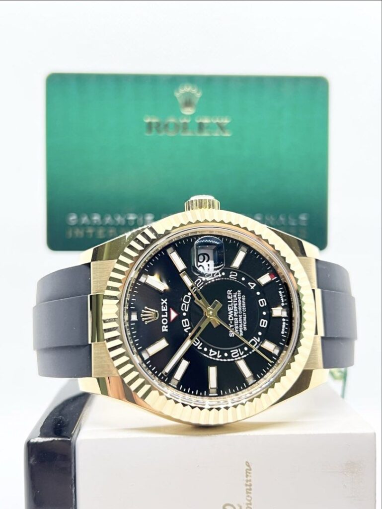 Pre Owned Rolex Oyster Sky-Dweller 336238 Black Dial Automatic Yellow Gold Casing Rubber ( Jan 24 )