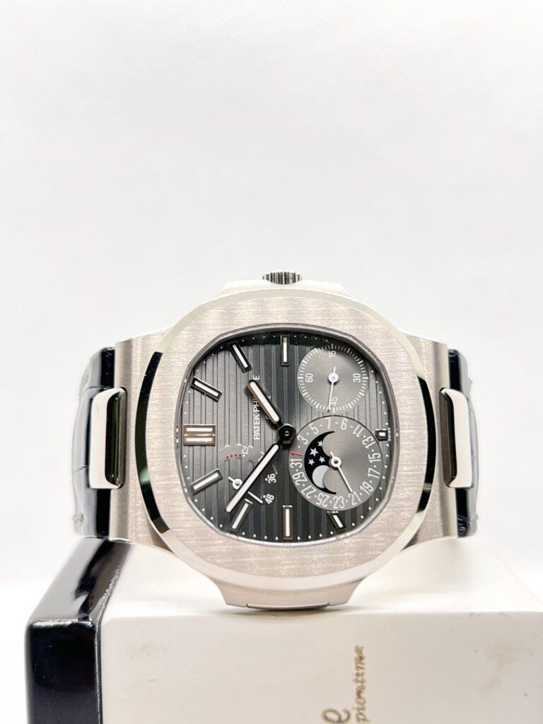 Pre Owned Patek Philippe Nautilus 5712G-001 Grey Dial Automatic White Gold Casing Leather ( Jan 19 )
