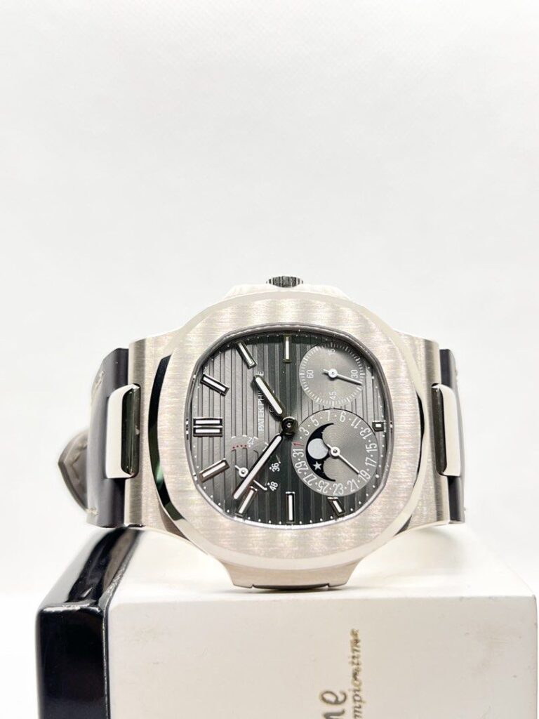 Pre Owned Patek Philippe Nautilus 5712G-001 Grey Dial Automatic White Gold Casing Leather ( Feb 21 )