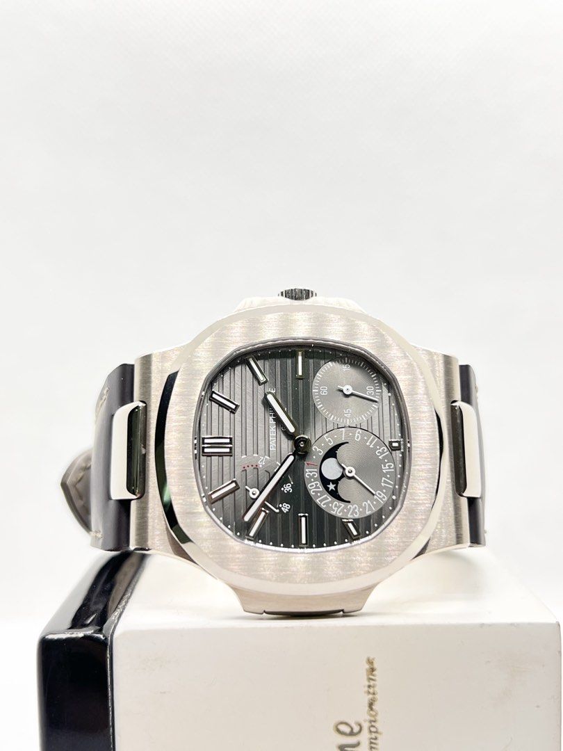 Pre Owned Patek Philippe Nautilus 5712G-001 Grey Dial Automatic White Gold Casing Leather ( Feb 21 )