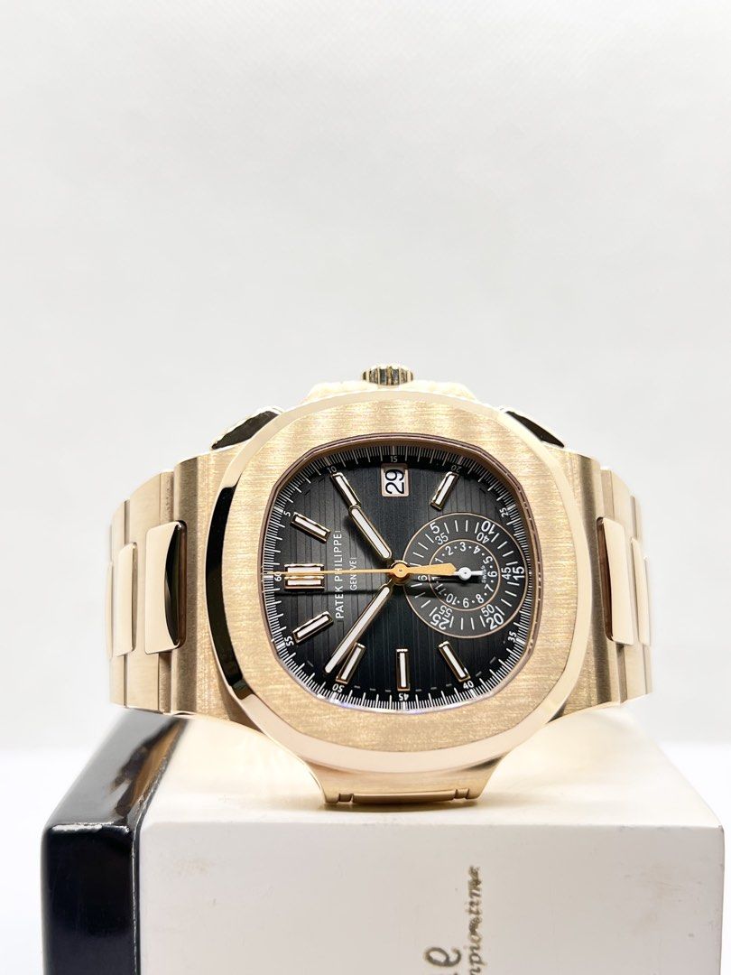 Pre Owned Patek Philippe Nautilus Flyback 5980/1R-001 Black Dial Automatic Rose Gold Casing Bracelet ( May 20 )